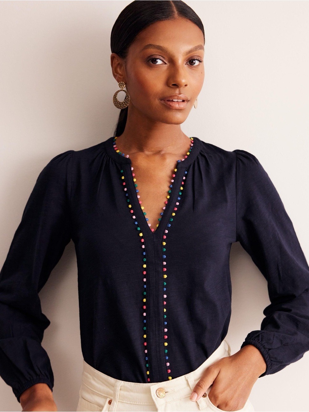 Boden Navy V-Neck Long Sleeve Blouse with Multicolor Pom Trim size 12